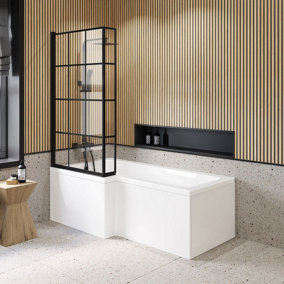 Black Framed 1700mm L Shape Complete Shower Bath Left Hand