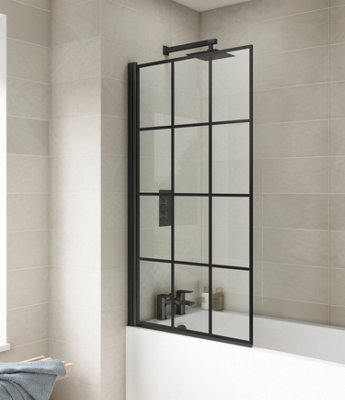 Black Framed 6mm Toughened Safety Glass Reversible Straight Bath Screen