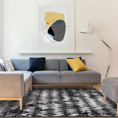Black Funky Modern Abstract Geometric Rug Easy to clean Dining Room ...