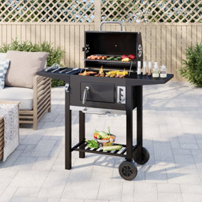 Black Garden Outdoor Charcoal BBQ Grill with Lid Cover Wheels and Side Tables