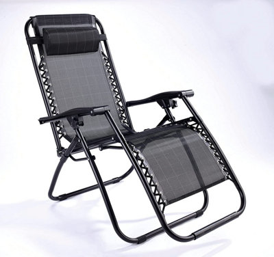 Black Garden Recliner Chair - Folding Outdoor Zero Gravity Sun Lounger Seat with Headrest - Measures H64 x W70 x L113cm
