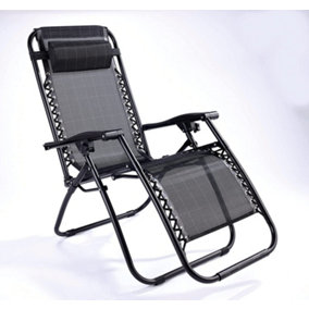 Black Garden Recliner Chair - Folding Outdoor Zero Gravity Sun Lounger Seat with Headrest - Measures H64 x W70 x L113cm