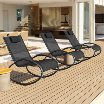 Black Garden Sun Lounger Rocking Chair Patio Recliner with Pillow