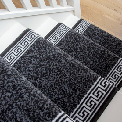Black Geometric Bordered Cut To Measure Stair Carpet Runner 60cm Wide