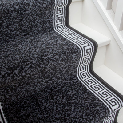 Black Geometric Bordered Cut To Measure Stair Carpet Runner 60cm Wide