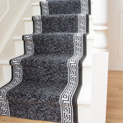 Black Geometric Bordered Cut To Measure Stair Carpet Runner 60cm Wide