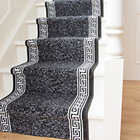 Black Geometric Bordered Cut To Measure Stair Carpet Runner 70cm Wide (2ft 3in W x 12ft L)