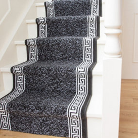 Black Geometric Bordered Cut To Measure Stair Carpet Runner 70cm Wide (2ft 3in W x 18ft L)
