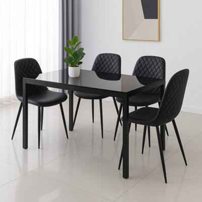 Black Glass Dining Table Set With 4 Black Faux Leather Gem Pattern ...