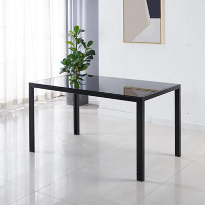 Black Glass Dining Table Set With 4 Black Faux Leather Gem Pattern ...