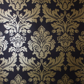 Black Gold Damask Wallpaper Floral Feature Vintage Retro Metallic Smooth Finish