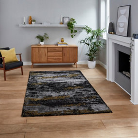 Black Gold Modern Abstract Machine Made Easy to Clean Rug for Living Room Bedroom and Dining Room-120cm X 170cm