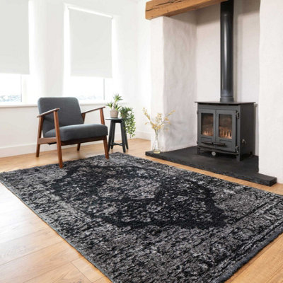 Black Grey Distressed Traditional Medallion Reversible Chenille Area Rug 115x170cm