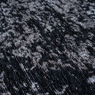 Black Grey Distressed Traditional Medallion Reversible Chenille Area Rug 115x170cm