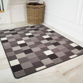 Black Grey Geometric Block Striped Non Slip Washable Kitchen Utility Mat 120x160cm