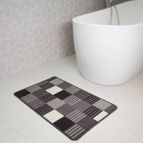 Black Grey Geometric Block Striped Non Slip Washable Kitchen Utility Mat 50x80cm