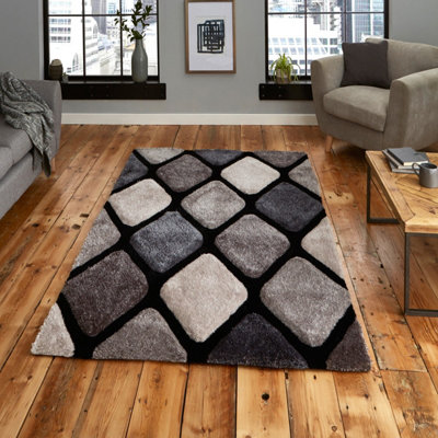 Black / Grey Handmade Modern Shaggy Easy to clean Abstract Optical/ (3D ...