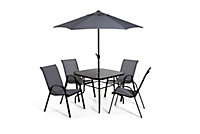 Black & Grey metal 4 seater garden dining set with parasol