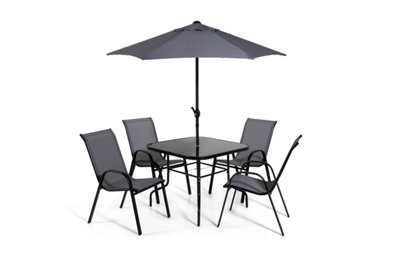 Black & Grey metal 4 seater garden dining set with parasol