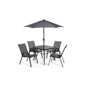 Black & Grey metal 4 seater garden dining set with parasol
