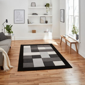 Black Grey Modern Geometric Bordered Chequered Rug for Living Room Bedroom and Dining Room-120cm X 170cm