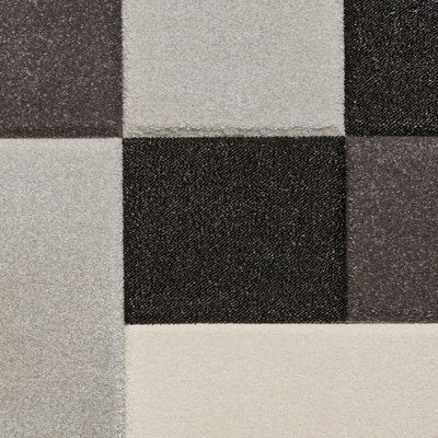 Black Grey Modern Geometric Bordered Chequered Rug for Living Room Bedroom and Dining Room-60cm X 120cm