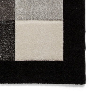Black Grey Modern Geometric Bordered Chequered Rug for Living Room Bedroom and Dining Room-60cm X 120cm