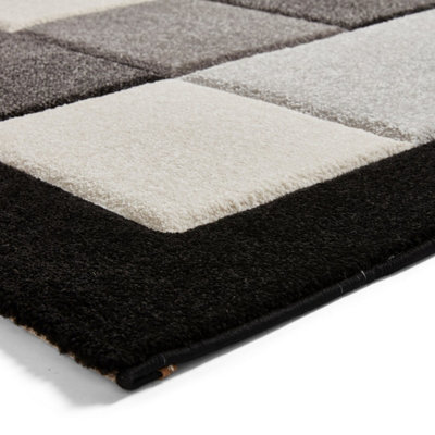 Black Grey Modern Geometric Bordered Chequered Rug for Living Room Bedroom and Dining Room-60cm X 120cm