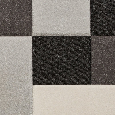 Black Grey Modern Geometric Bordered Chequered Rug for Living Room Bedroom and Dining Room-80cm X 150cm