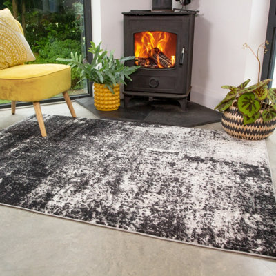 Black Grey Monochrome Super Soft Distressed Abstract Area Rug 190x280cm