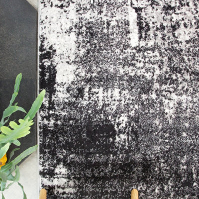Black Grey Monochrome Super Soft Distressed Abstract Area Rug 60x110cm