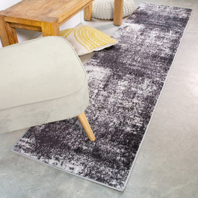 Black Grey Monochrome Super Soft Distressed Abstract Runner Rug 60x240cm