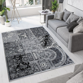 Black Grey Monochrome Traditional Patchwork Living Room Rug 60x110cm