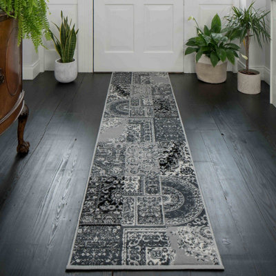 Black Grey Monochrome Traditional Patchwork Living Room Runner Rug 60x240cm