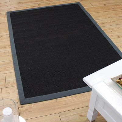 Black/Grey Natural Decorative Modern Plain Bordered Natural Fibers Rug For Living Room Bedroom & Dining Room-200cm X 300cm
