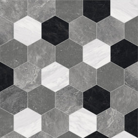 Black Grey White Stone Effect Vinyl Flooring For LivingRoom, Kitchen, 2.3mm Lino Vinyl Sheet-7m(23') X 4m(13'1")-28m²