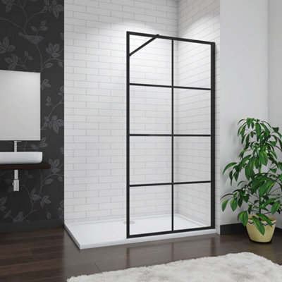 Black Grid 800x1850mm Walk In Shower Screen + 1400x900mm Stone Tray