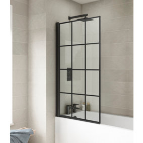 Black Grid Reversible Hinged Shower Bath Screen with 6mm Toughened Safety Glass