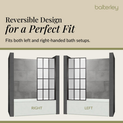 Black Grid Reversible Hinged Shower Bath Screen with 6mm Toughened Safety Glass - 5