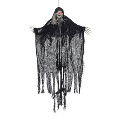 Black Halloween Hanging Skeleton Ghost with Sensor 120cm