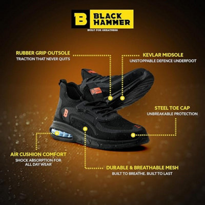 Black Hammer 3000 Men's Safety Work Trainers with Steel Toe Cap Trekking Shoes Non-Slip Footwear Black S1P SRC (8 UK)
