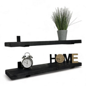 Black Handcrafted Rustic Wall-Mounted Floating Shelves with Black L Brackets, Kitchen Living Room (Set of 2, 100 cm Long)