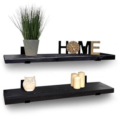 Black Handcrafted Rustic Wall-Mounted Floating Shelves with Black L Brackets, Kitchen Living Room (Set of 2, 80 cm Long)