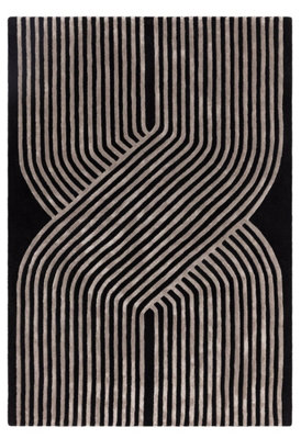 Black Handmade Modern Striped Wool 12-14mm Pile Stain-Resistant Rug For Bedroom, Living Room, Dining Room-120cm X 170cm