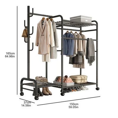 Black Heavy Duty Double Clothes Rail Hanging Rack Garment Display Shoe ...