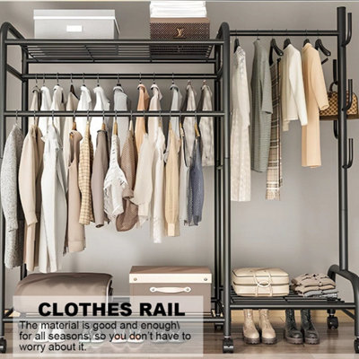 Black Heavy Duty Double Clothes Rail Hanging Rack Garment Display Shoe ...