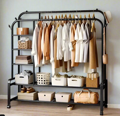 Black Heavy Duty Double Clothes Rail with Wheels - Garment Hanging Rack ...