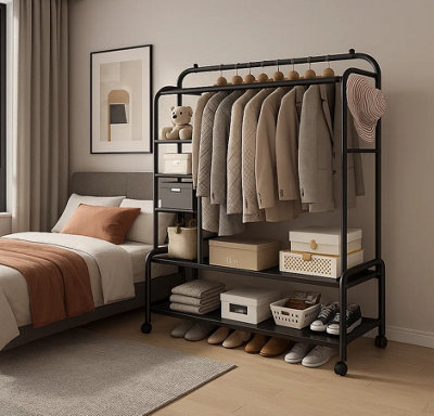 Black Heavy Duty Double Clothes Rail with Wheels - Garment Hanging Rack ...
