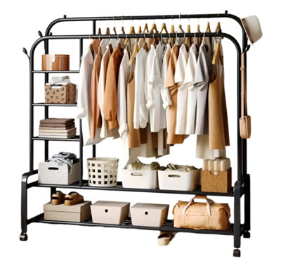 Black Heavy Duty Double Clothes Rail with Wheels - Garment Hanging Rack ...