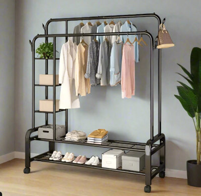 Black Heavy Duty Double Clothes Rail with Wheels - Garment Hanging Rack ...